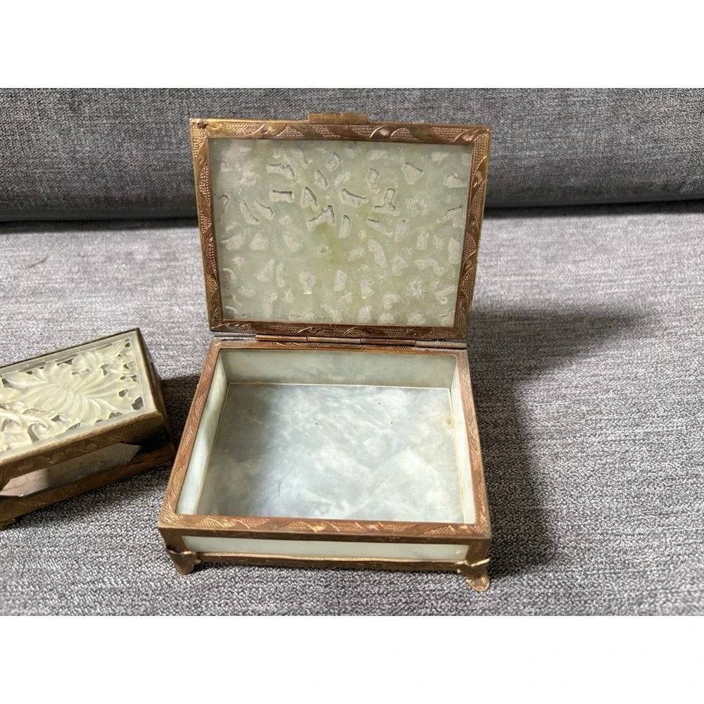 2 Antique Carved Chinese Cigarette And Matchbox Trinket‎ Ornate Boxes Jade Brass